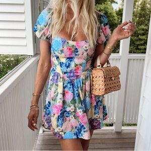 Floral Square-Neck Puff Sleeve Mini Dress - Multicolor